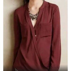 Anthropologie Maeve Eva Wrap Blouse Women's 2 Drape Front Crepe Taupe